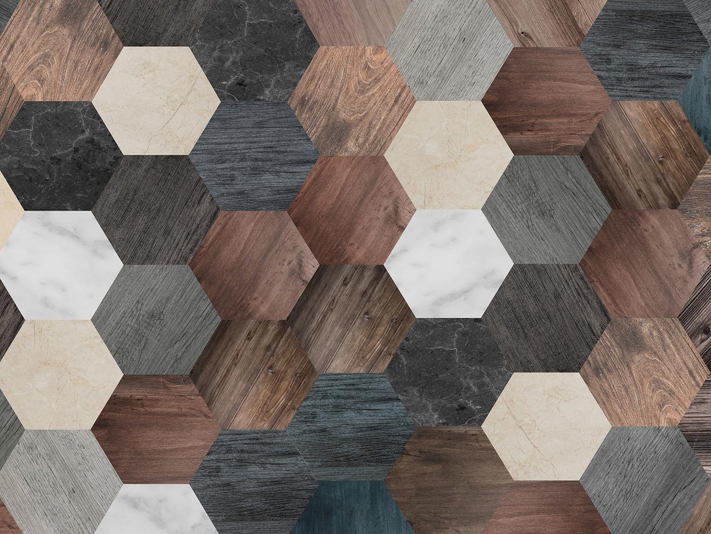 Hexágonos madera y mármol