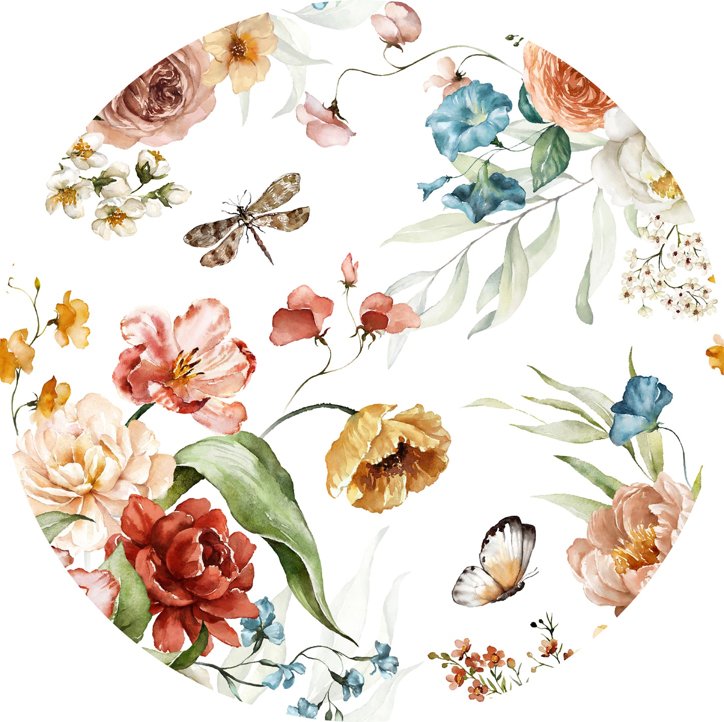 Mural Roses and Dragonfly white background