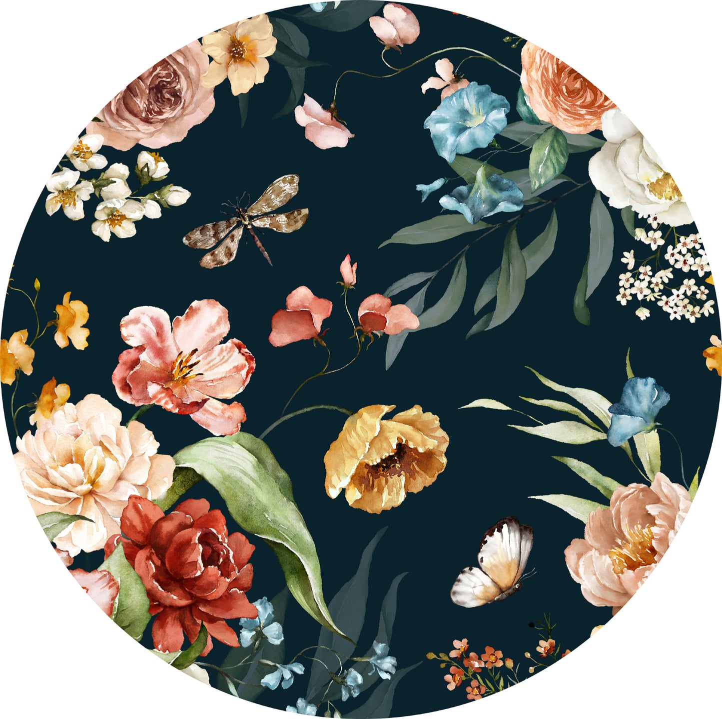 Mural Roses and Libelula indigo background