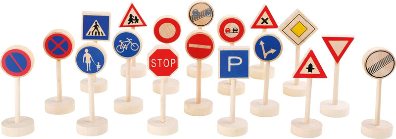 Set of 18 wooden traffic signs